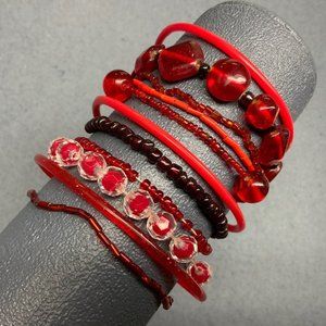 Red 11 Bracelet Lot As Is Jelly Stretch Seed Bugle Faceted Round Retro 80s 90s